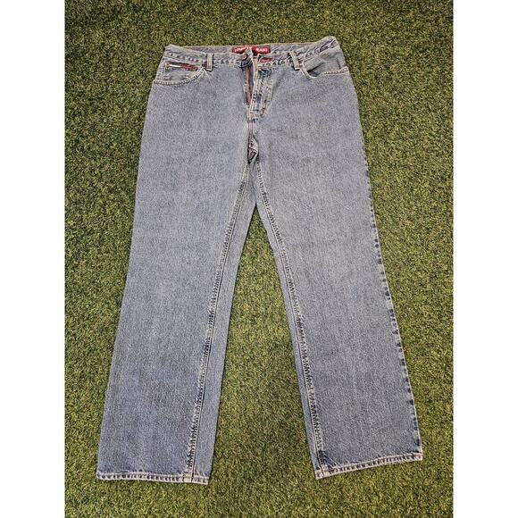 VINTAGE Tommy Hilfiger Jeans Mens 36 Light Wash Flag Logo Baggy Skater 90s Y2K - Picture 1 of 8